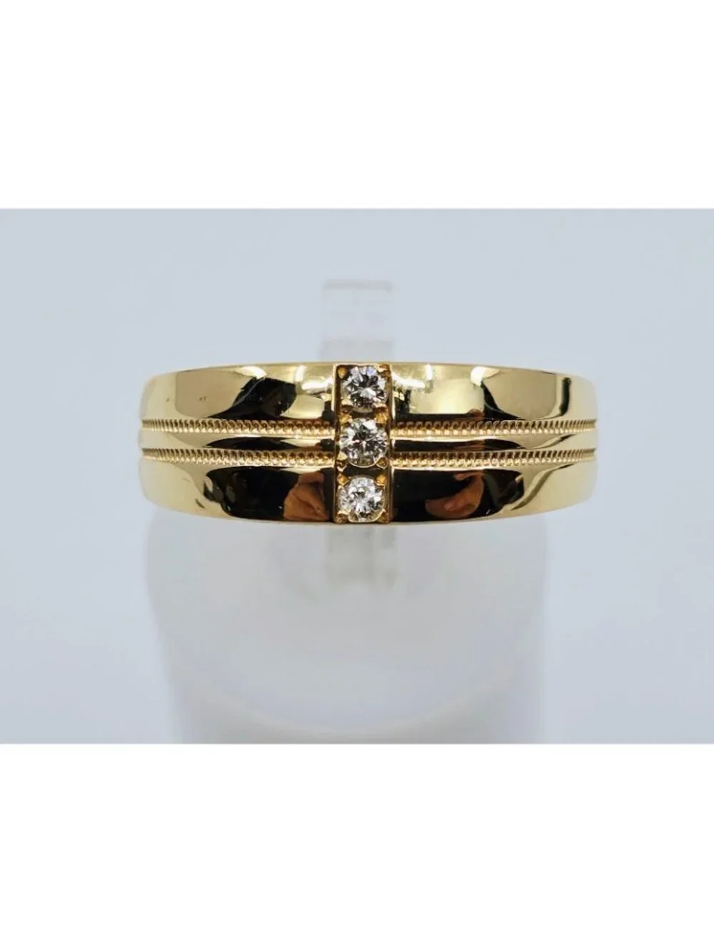 Unique 14K Solid Yellow Gold Designer Vertical Row 3 Diamond Ring Band Size 7.25